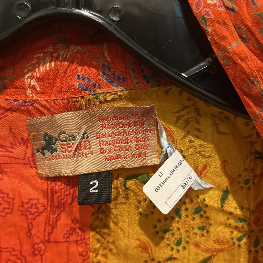 Green Sewn kimono, orange/gold/green, beautiful crepe size “2” 75% recycled silk - Picture 3 of 7